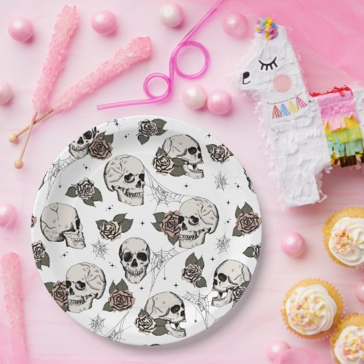 Schwarz-Weiß-Gothic-Skulls und Rose Halloween Pappteller (Party)