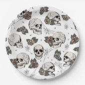 Schwarz-Weiß-Gothic-Skulls und Rose Halloween Pappteller (Vorderseite)