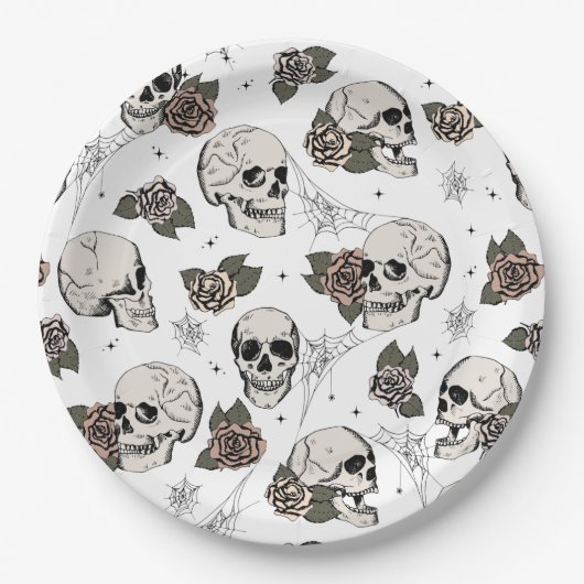 Schwarz-Weiß-Gothic-Skulls und Rose Halloween Pappteller (Vorderseite)