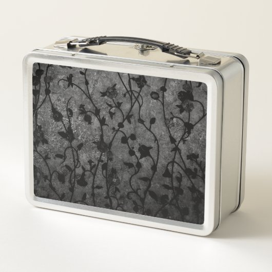 Schwarz-Weiß-Gotik Antike Blumen Metall Lunch Box (Rückseite)