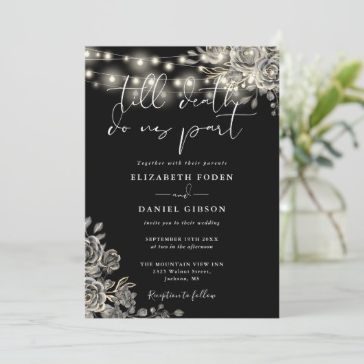 Schwarz-Weiß-Gotik-Rose Lights Foto Hochzeit Einladung (Stehend Vorderseite)