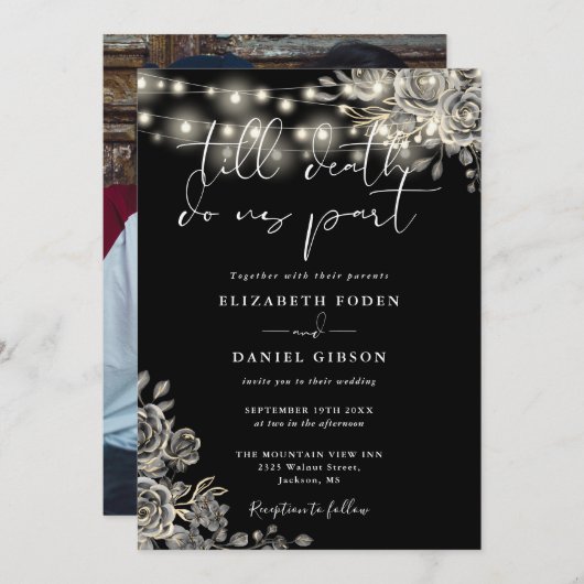 Schwarz-Weiß-Gotik-Rose Lights Foto Hochzeit Einladung (Vorne/Hinten)