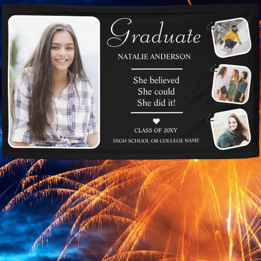 Schwarz-weiß Graduate Modern Foto Graduation Party Banner