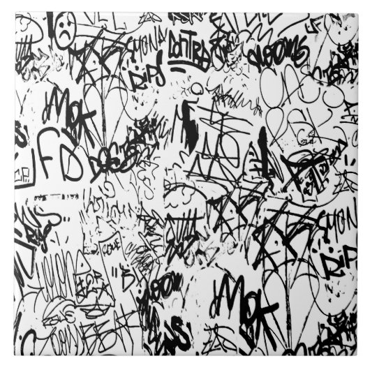 Schwarz-Weiß-Graffiti-Abstrakt-Collage Fliese (Vorderseite)