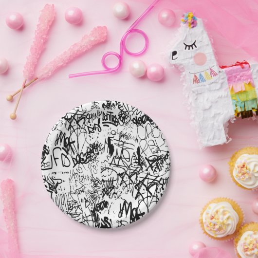 Schwarz-Weiß-Graffiti-Abstrakt-Collage Pappteller (Party)