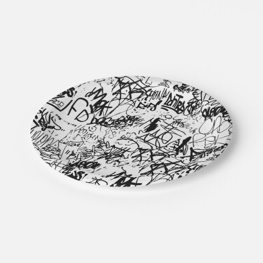 Schwarz-Weiß-Graffiti-Abstrakt-Collage Pappteller (Schrägansicht)