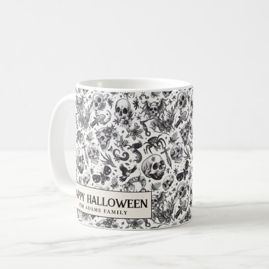 Schwarz-Weiß-Graffiti-Stilskulpturen Halloween Kaffeetasse (Vorderseite Links)