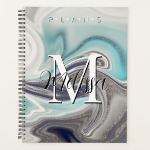Schwarz-weiß-Grau-Aqua-Monogram-Abstrakter Planer