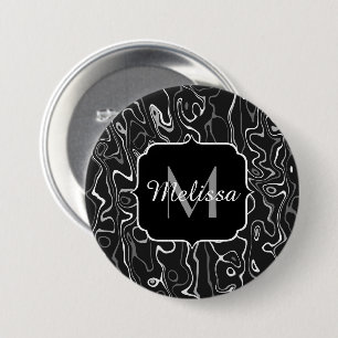 Schwarz weiß grau Damast abstrakte Wirbel Monogram Button