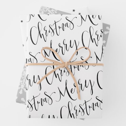 Schwarz-weiß & grau Frohe Weihnachtsschneeflocken  Geschenkpapier Set (Beispiel)