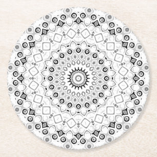 Schwarz-weiß-Grau-Monochrome-Mandala-Design Runder Pappuntersetzer