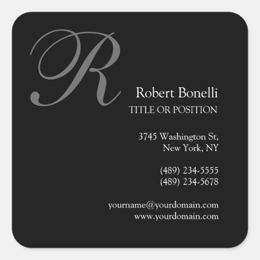 Schwarz-weiß-Grau-Monogramm-Visitenkarte Quadratischer Aufkleber (Vorderseite)