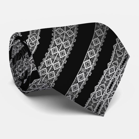 Schwarz-Weiß, Grau, Silberne Krawatte (Gerollt)
