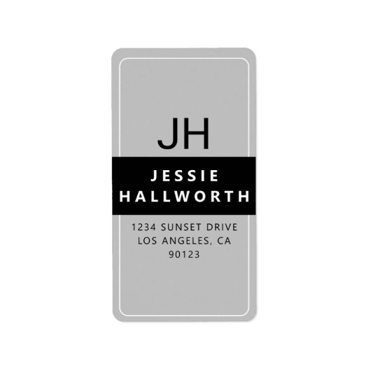 Schwarz-weiß & grau Stilvolles, modernes Monogramm Adressaufkleber (Vorne)