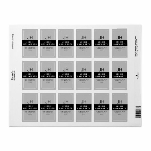 Schwarz-weiß & grau Stilvolles, modernes Monogramm Adressaufkleber (Vorne)