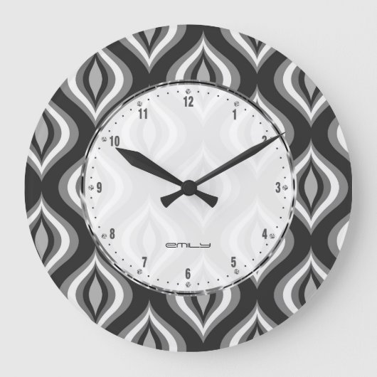 Schwarz-weiß & grau Teardrop Modernes Muster Große Wanduhr (Vorderseite)