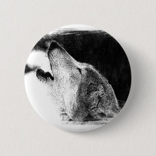 Schwarz-Weiß-Grau-Wolf-Sketch Button