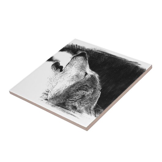Schwarz-Weiß-Grau-Wolf-Sketch Fliese (Seite)
