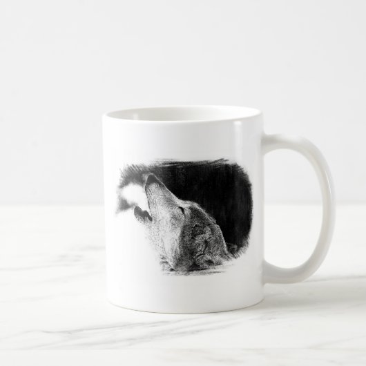 Schwarz-Weiß-Grau-Wolf-Sketch Kaffeetasse (Rechts)