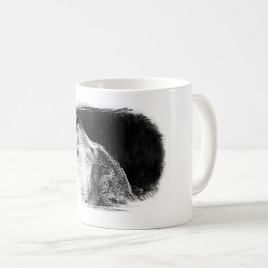 Schwarz-Weiß-Grau-Wolf-Sketch Kaffeetasse (VorderseiteRechts)