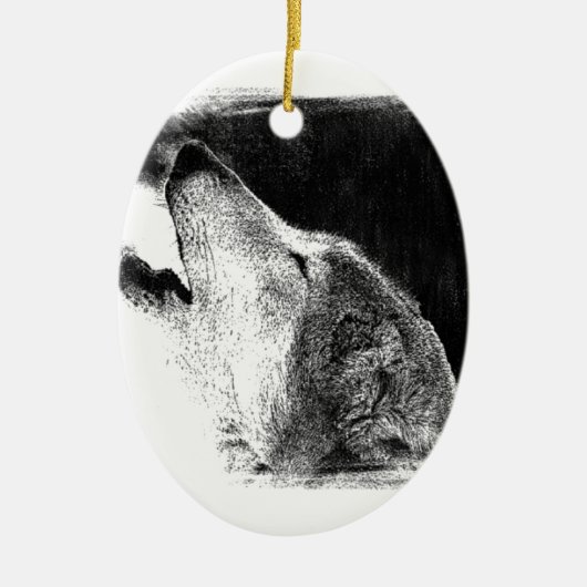 Schwarz-Weiß-Grau-Wolf-Sketch Keramikornament (Vorne)