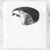 Schwarz-Weiß-Grau-Wolf-Sketch Ovaler Aufkleber (Tasche)