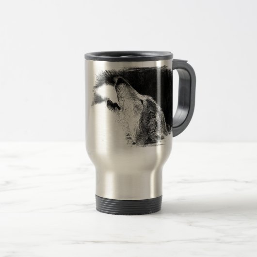 Schwarz-Weiß-Grau-Wolf-Sketch Reisebecher (VorderseiteRechts)