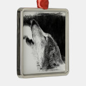 Schwarz-Weiß-Grau-Wolf-Sketch Silbernes Ornament (Rechts)