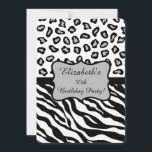Schwarz-weiß Graue Zebra Leopard Skin 50. Geburtst Einladung<br><div class="desc">Passen Sie diese stilvolle und raffinierte Einladung an, mit einer 50. Geburtstagsfeier oder einer anderen Veranstaltung zu feiern. Das Design besteht aus schwarz-weißen Zebrastreifen und Leoparden, die für ein modernes Design kombiniert werden. Ein graues ( graues ) Emblem, das in schwarz umrissen ist, sitzt auf einem schwarzen Streifen, um einen...</div>