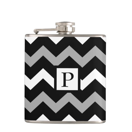 Schwarz-weiß-Graues Zickzack Druckmuster Flachmann (Vorderseite)