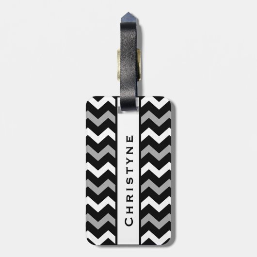 Schwarz-weiß-Graues Zickzack Druckmuster Gepäckanhänger (Rückseite vertikal)