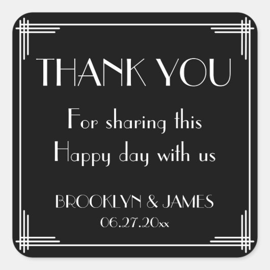 Schwarz-weiß Great Gatsby Art Deco Hochzeitsticker Quadratischer Aufkleber (Vorderseite)