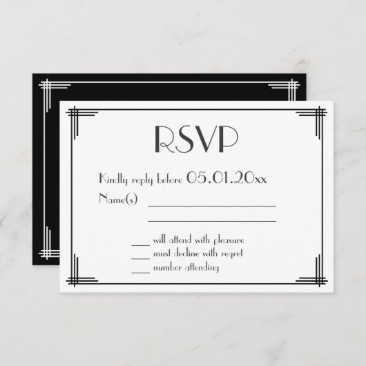 Schwarz-weiß Great Gatsby Art Deco Wedding RSVP (Vorne/Hinten)