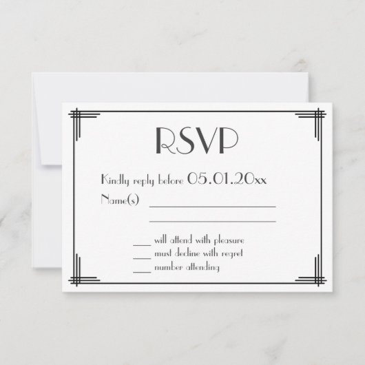 Schwarz-weiß Great Gatsby Art Deco Wedding RSVP Karte (Vorderseite)
