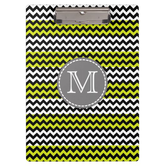 Schwarz-weiß Green Zickzack Zigzag Monogram Klemmbrett (Vorderseite)