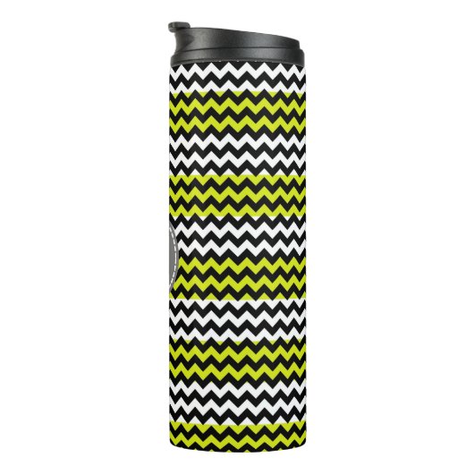 Schwarz-weiß Green Zickzack Zigzag Monogram Thermosbecher (Nach rechts gedreht)
