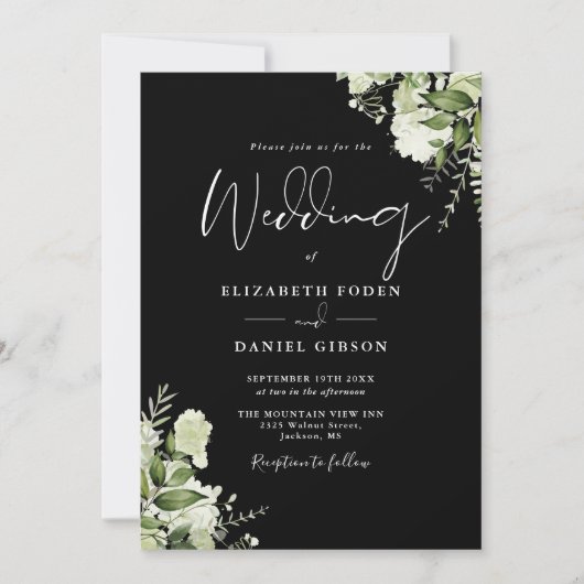 Schwarz-weiß Greenery Blätter Monogram Wedding Einladung (Vorderseite)