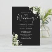 Schwarz-weiß Greenery Blätter Monogram Wedding Einladung (Stehend Vorderseite)