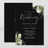 Schwarz-weiß Greenery Blätter Monogram Wedding Einladung (Vorne/Hinten)