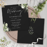 Schwarz-weiß Greenery Monogram Square Wedding Einladung<br><div class="desc">Dieses elegante botanische Grün verlasse die Einladung zur Hochzeit kann mit Ihren Informationen in chic Typografie personalisiert werden mit Ihren Monogramm Initialen auf der Rückseite. Entwickelt von Thisisnotme©</div>