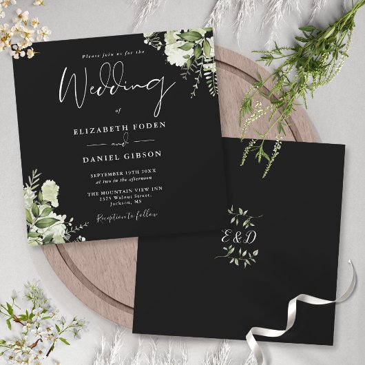 Schwarz-weiß Greenery Monogram Square Wedding Einladung