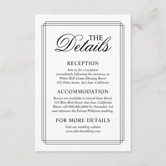 Schwarz-Weiß-Grenze Altes Geld Hochzeit Details Begleitkarte (Vorderseite)