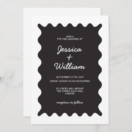 Schwarz-Weiß-Grenzen handgeschriebene Hochzeiten Einladung (Vorne/Hinten)