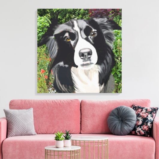 Schwarz-Weiß-Grenzkollie gegen Blume Leinwanddruck (Insitu (Wohnzimmer))