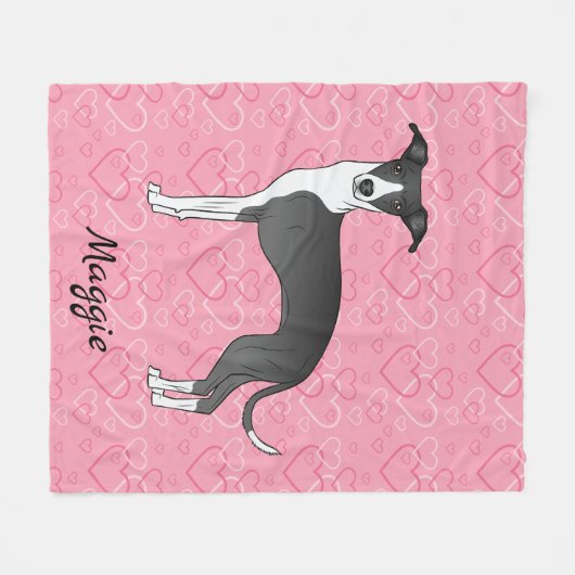 Schwarz-Weiß-Greyhound auf rosa Herzen Fleecedecke (Vorderseite (Horizontal))
