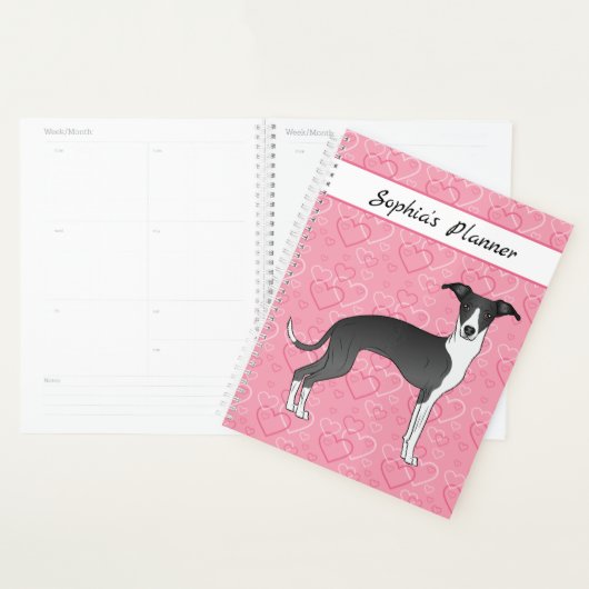 Schwarz-Weiß-Greyhound auf rosa Herzen Planer (Anzeige)
