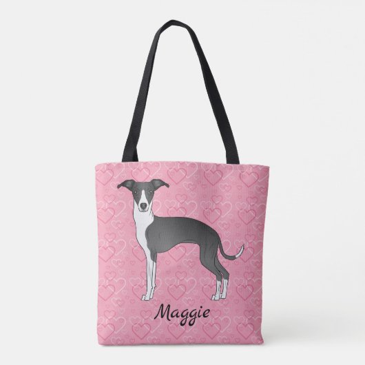 Schwarz-Weiß-Greyhound auf rosa Herzen Tasche (Rückseite)