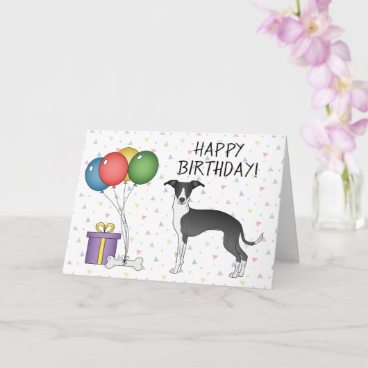 Schwarz-Weiß-Greyhound - Happy Birthday Karte (Orchidee)