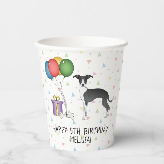 Schwarz-Weiß-Greyhound - Happy Birthday Pappbecher (Vorderseite)