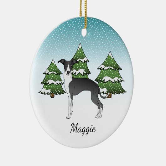 Schwarz-Weiß-Greyhound im Winterwald Keramik Ornament (Rechts)